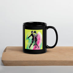 Stylish black mug with glossy finish and dance motif.