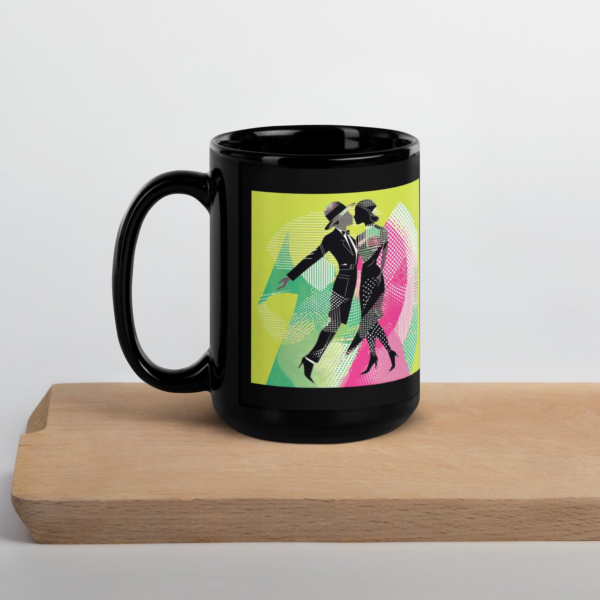 Fluid feminine dance pattern on a glossy black coffee mug.