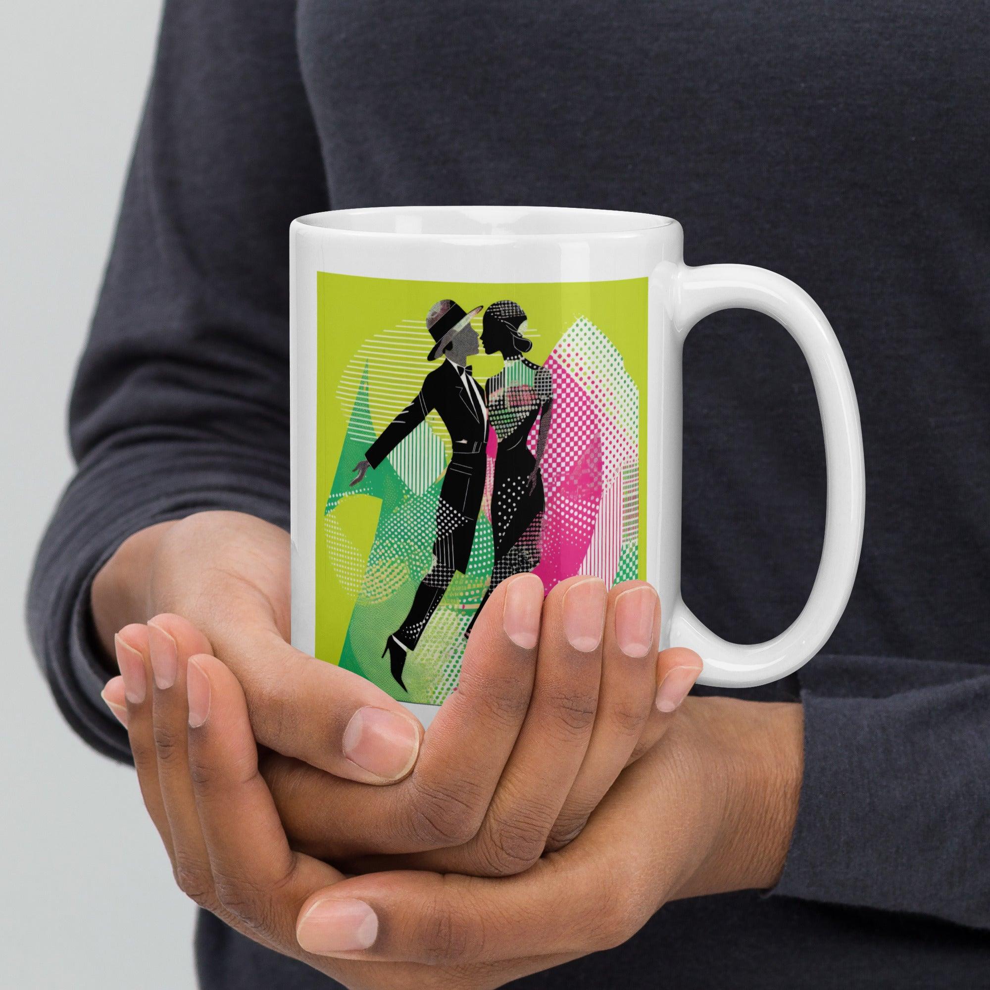 Stylish White Mug Featuring Feminine Dance Artwork