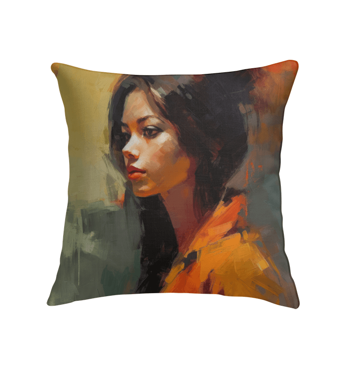 Artistic Folk Narratives design on a cozy indoor pillow for home decoration.