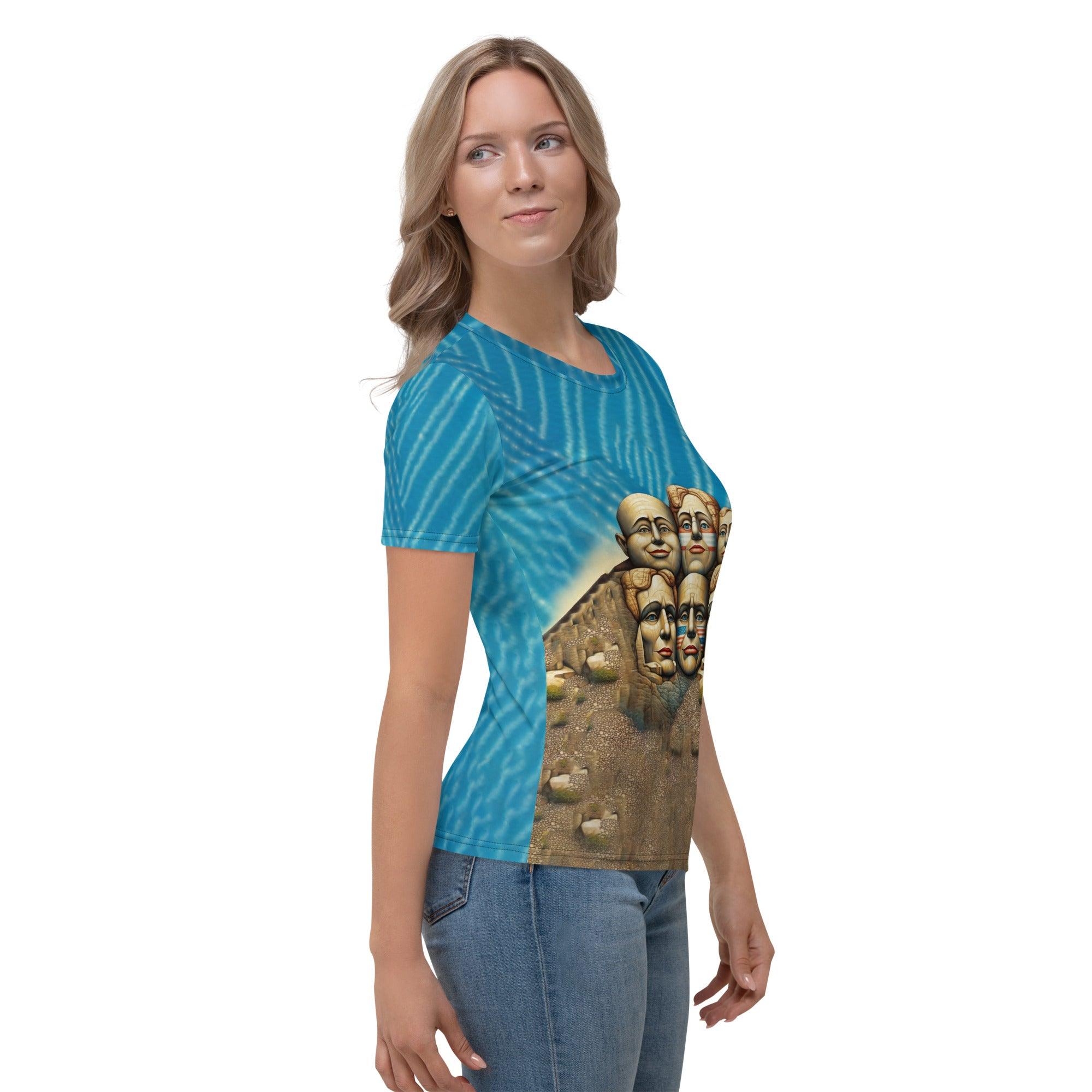 Back view of women's t-shirt with Freedom Sculptures artwork.