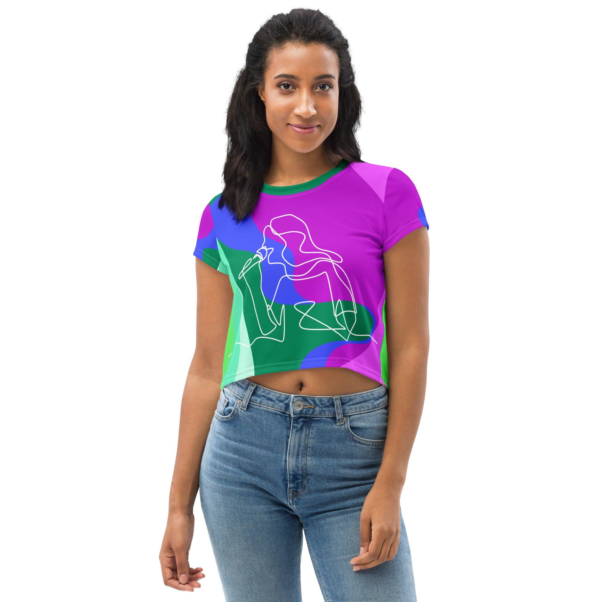 Girl Singing Line Art All-Over Print Crop Tee - Beyond T-shirts