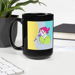 Girl Singing Line Art Black Glossy Mug - Beyond T-shirts