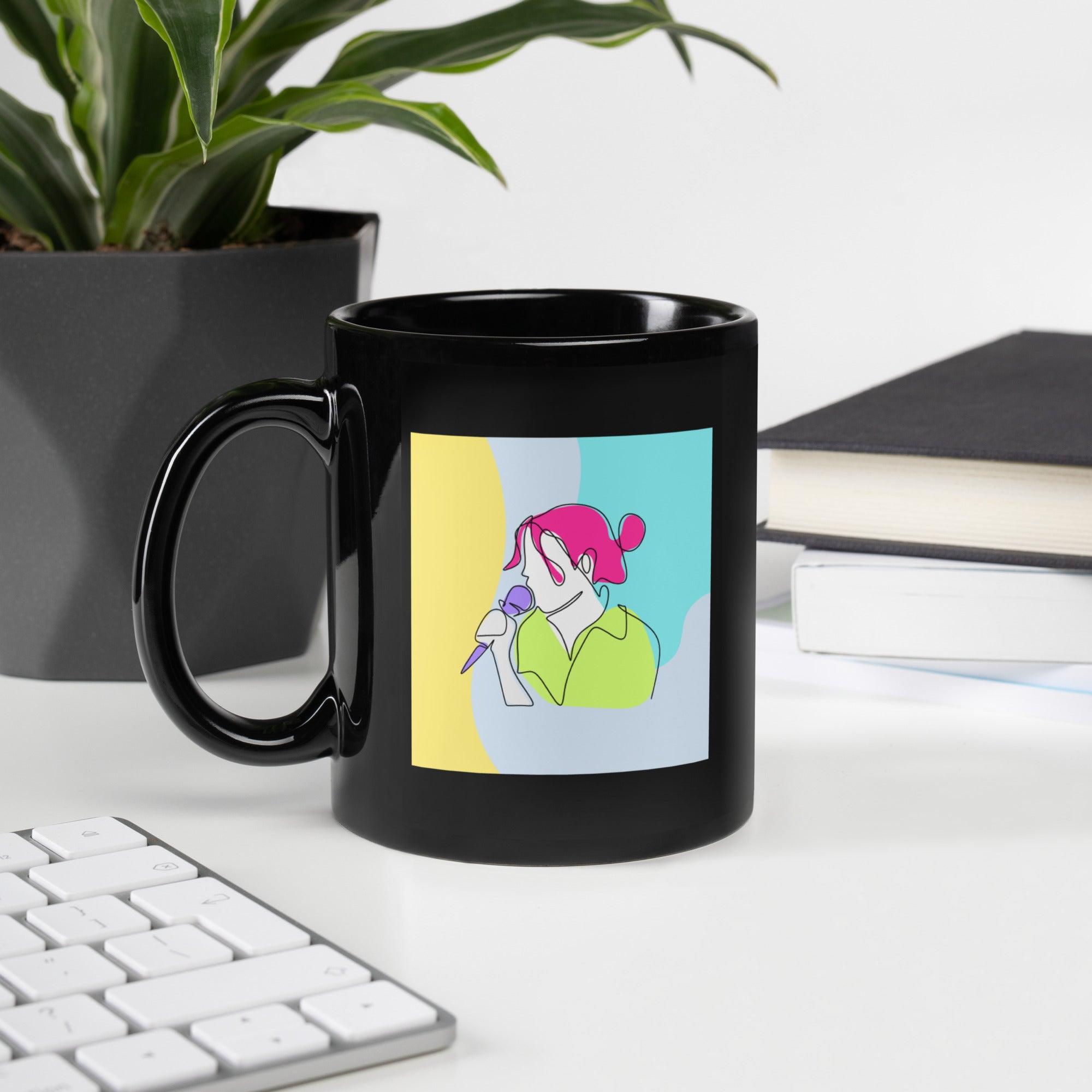 Girl Singing Line Art Black Glossy Mug - Beyond T-shirts