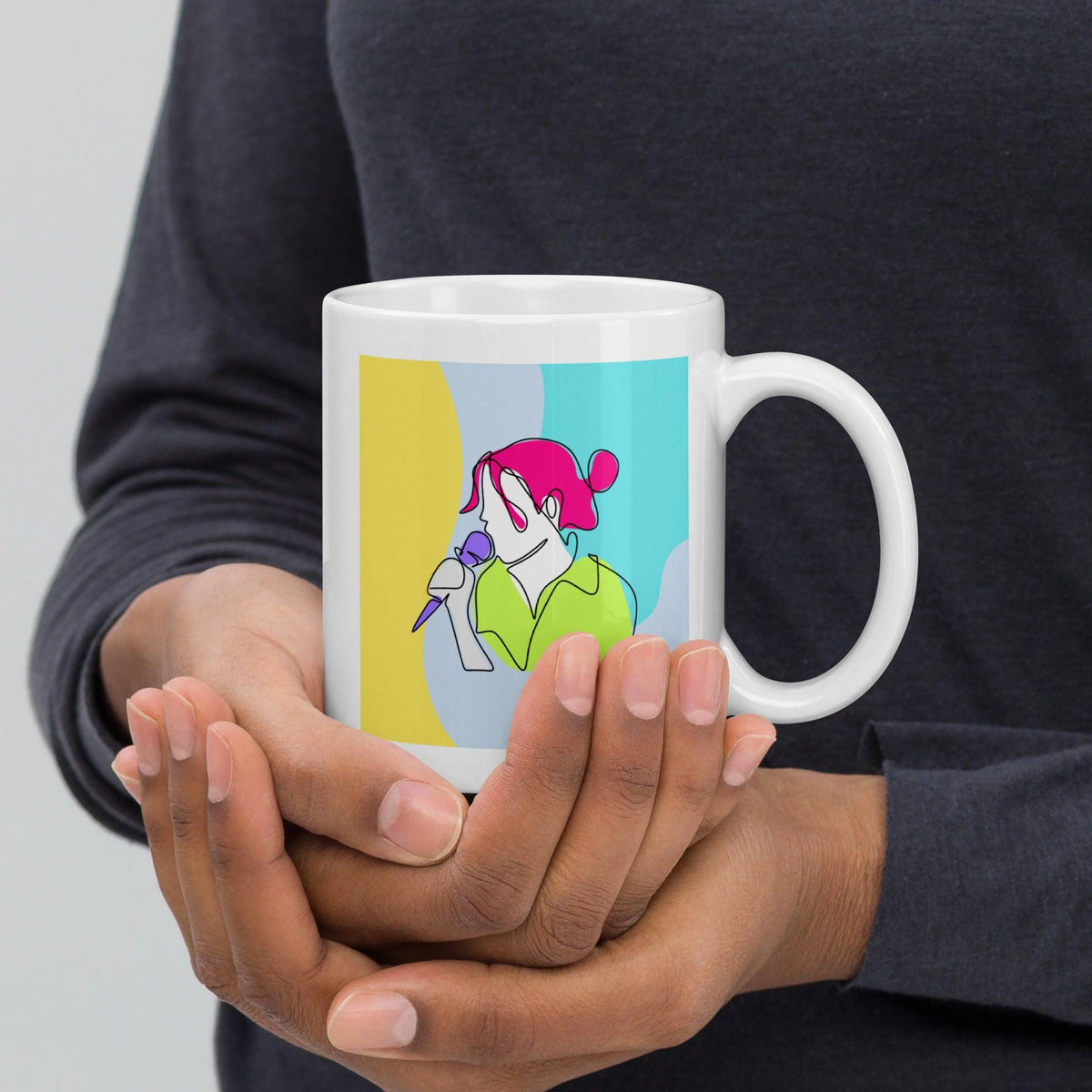 Girl Singing Line Art White Glossy Mug - Beyond T-shirts