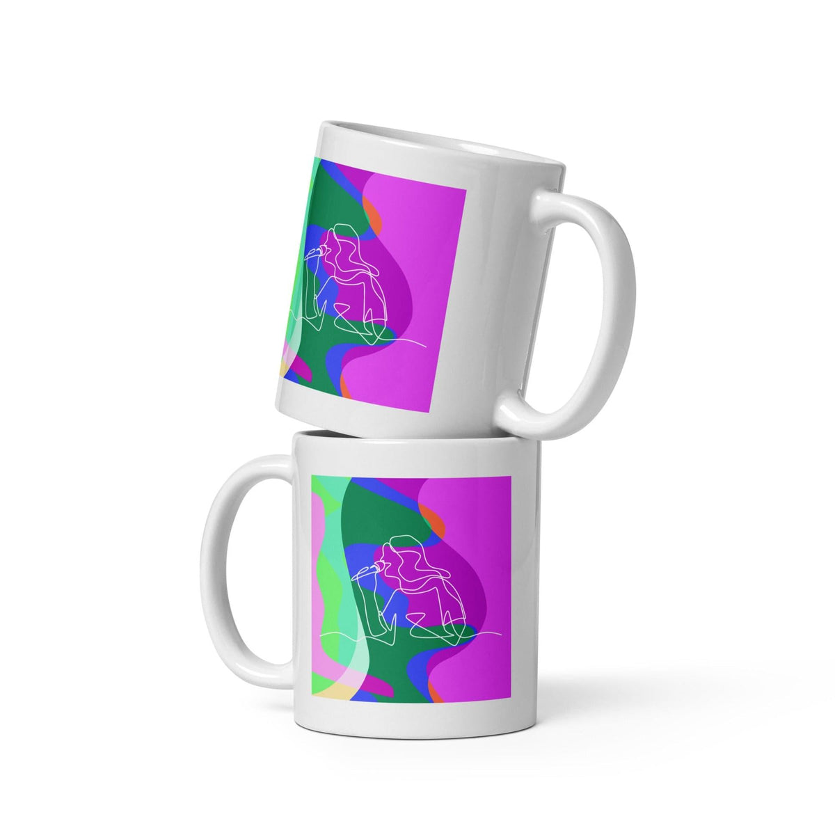 Girl Singing Line Art White Glossy Mug - Beyond T-shirts