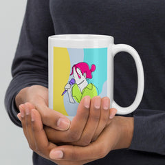 Girl Singing Line Art White Glossy Mug - Beyond T-shirts