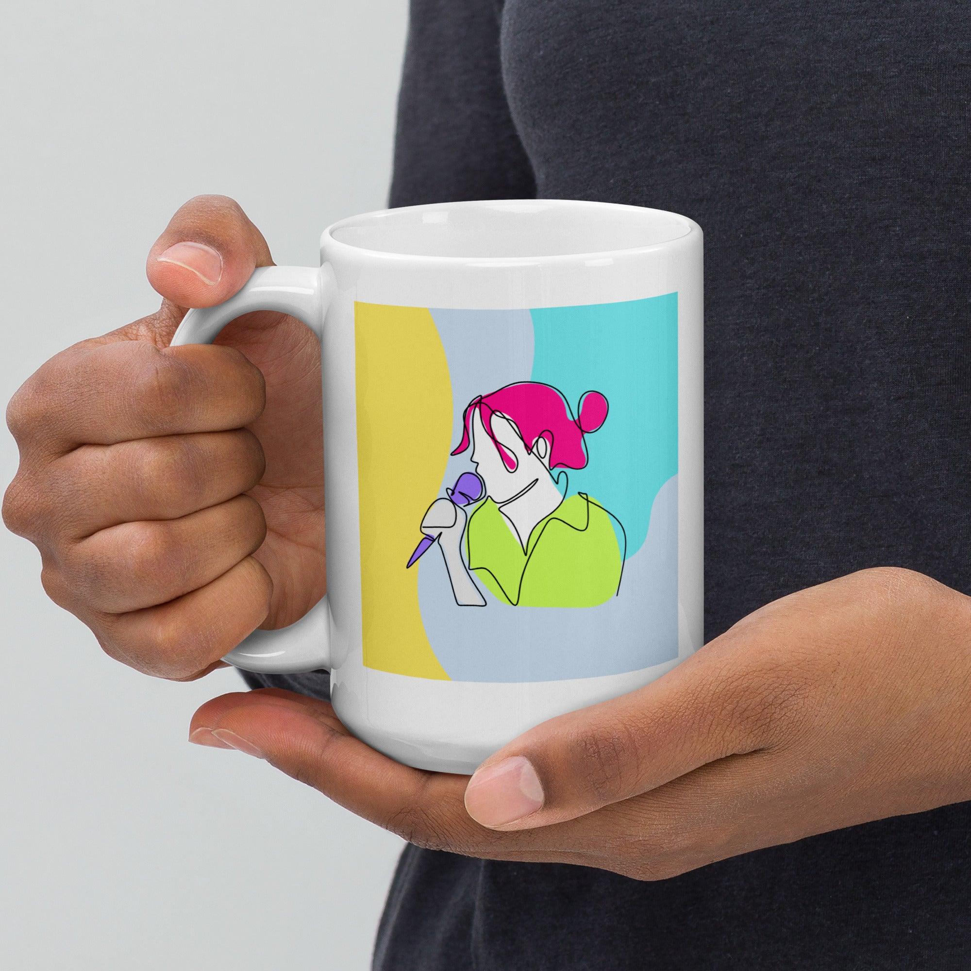 Girl Singing Line Art White Glossy Mug - Beyond T-shirts