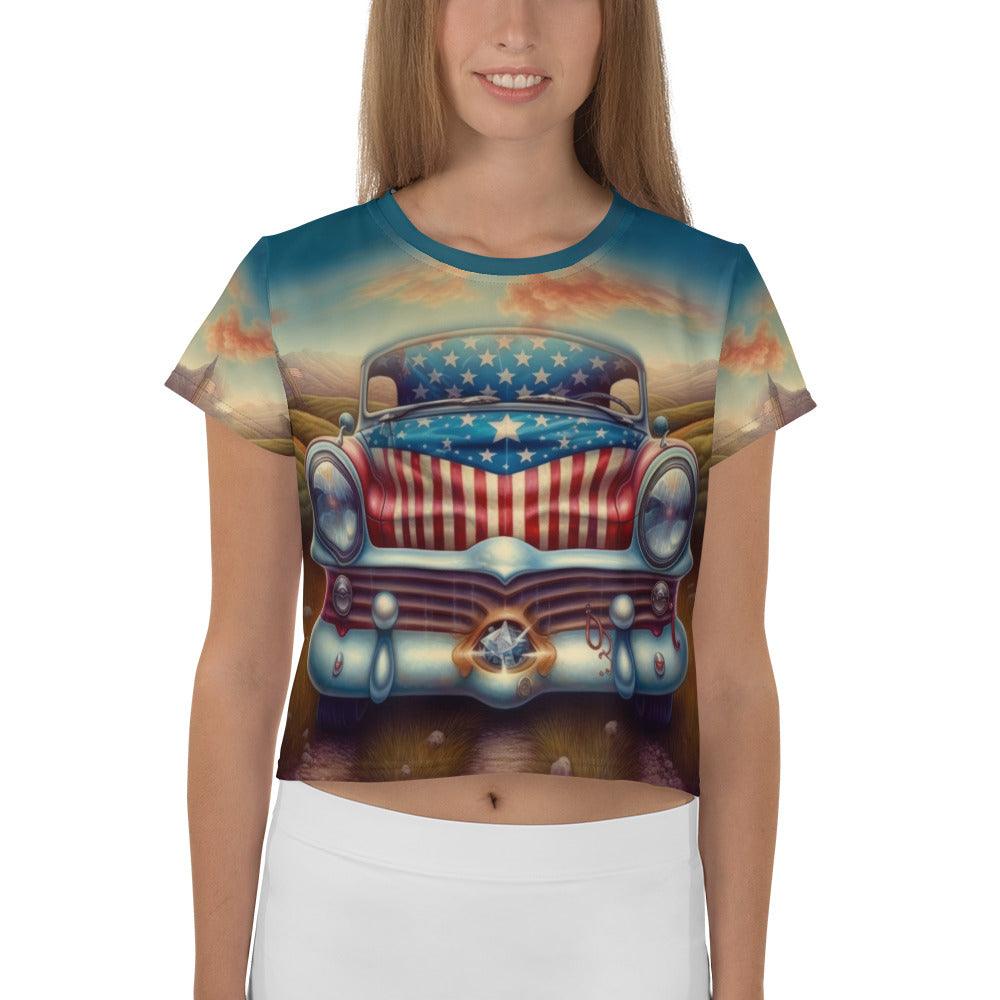 USA-themed crop tee with full-color flag pattern