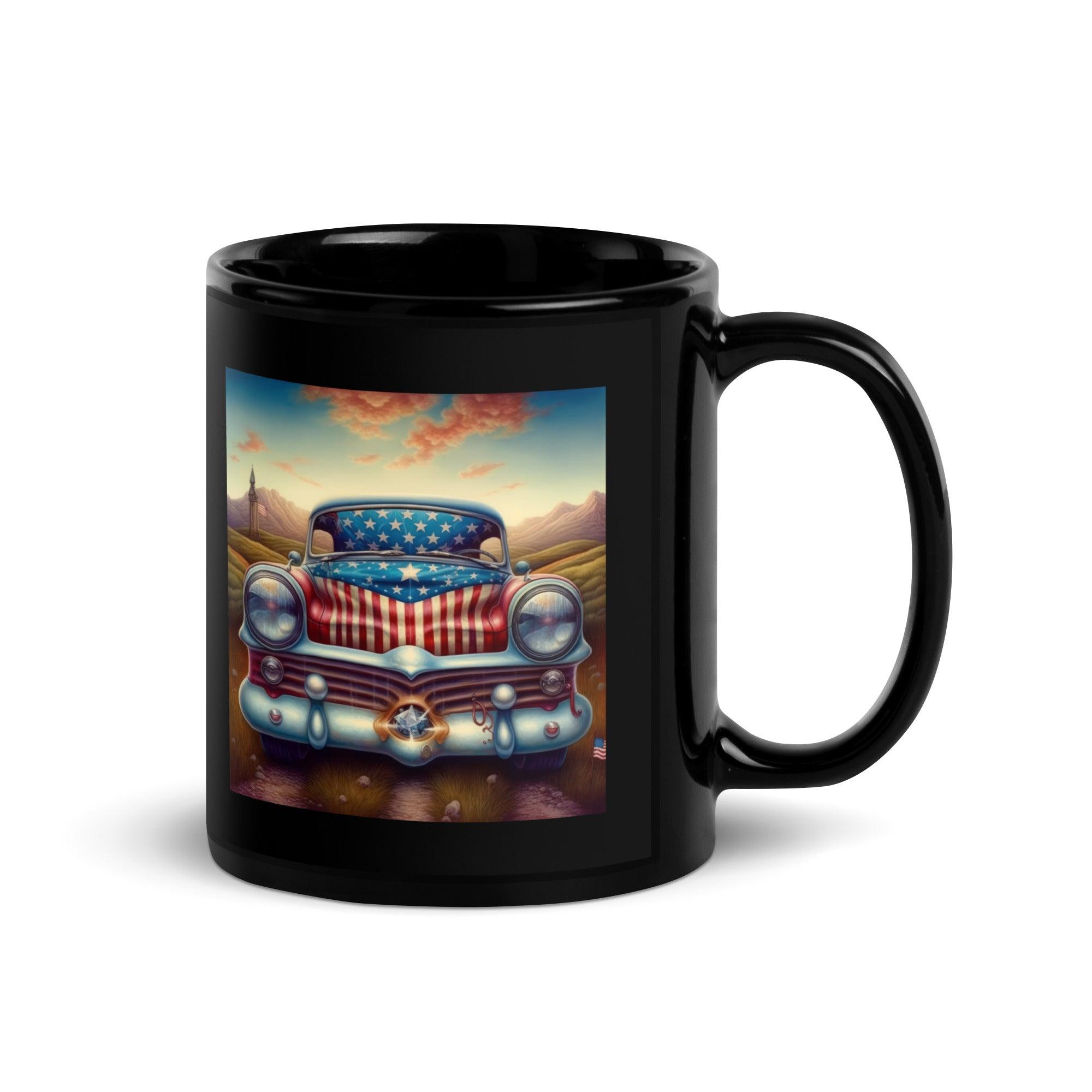 Black glossy mug with "God Bless America" inscription.