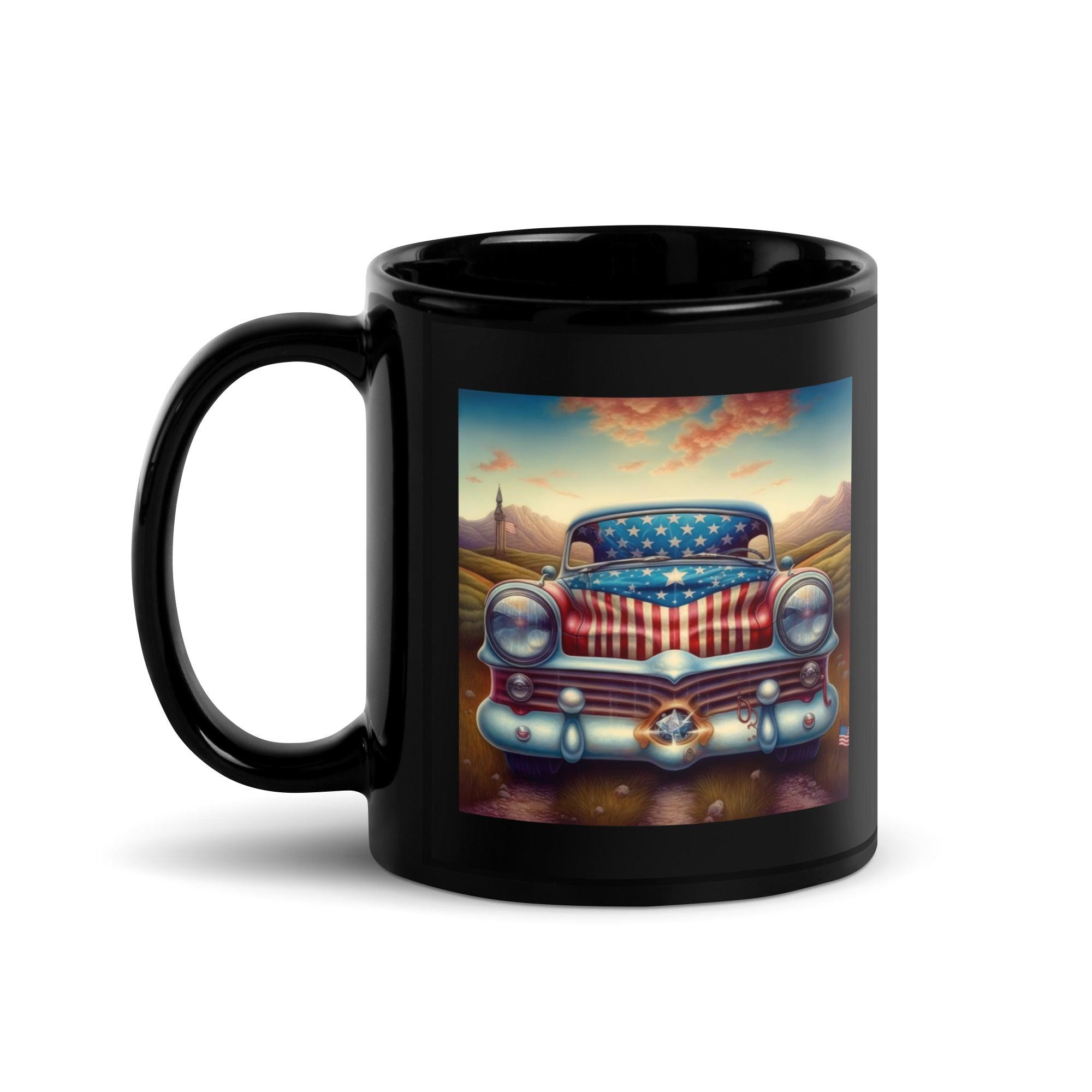 Patriotic black coffee mug featuring American flag.