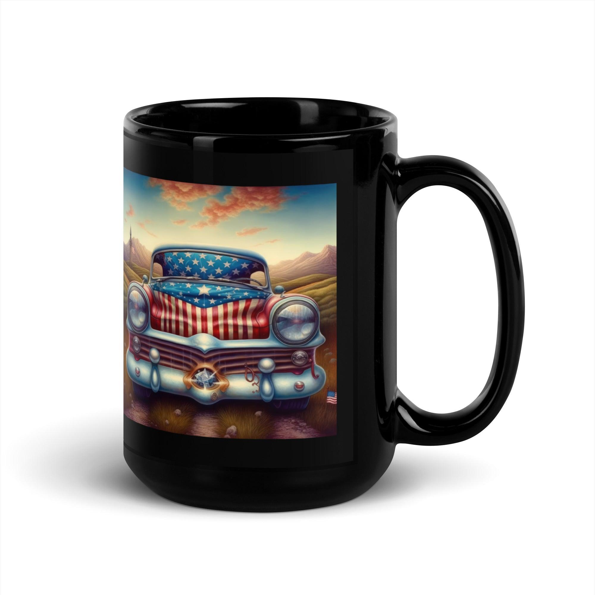 Stylish black glossy coffee mug with patriotic design.