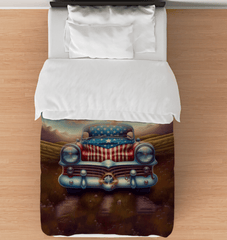God Bless America themed twin comforter with American flag design.