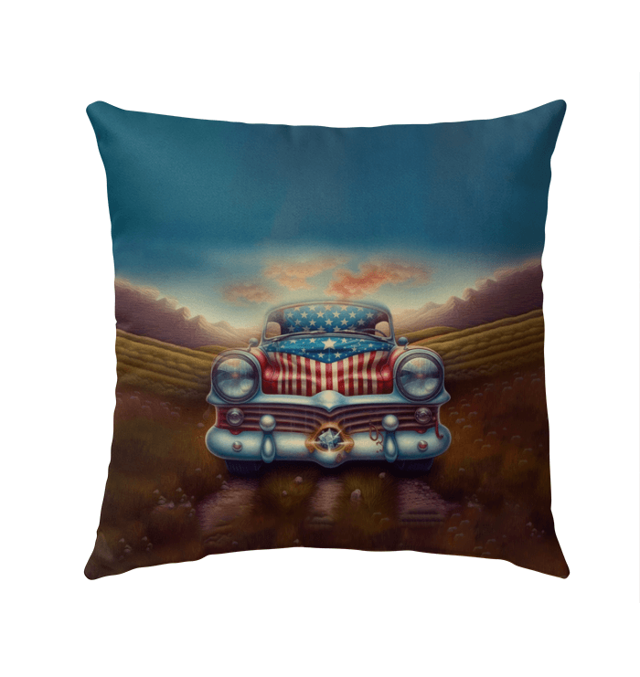 Outdoor pillow with God Bless America print on a patriotic background