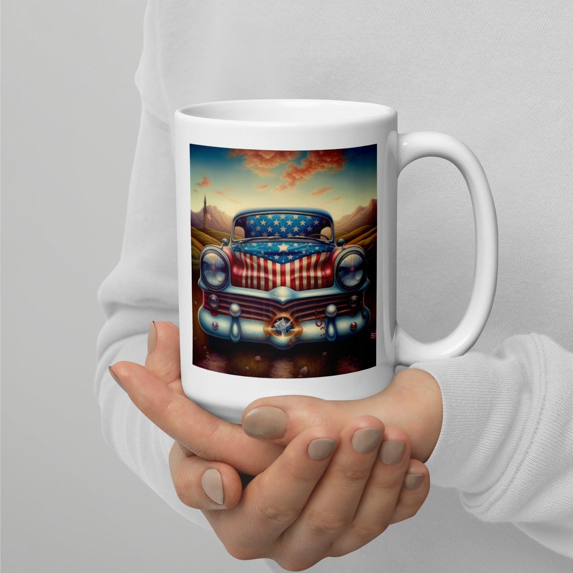 God Bless America" white glossy coffee mug on kitchen counter.