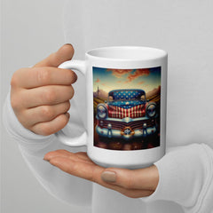 Close-up of a white glossy mug with patriotic slogan.