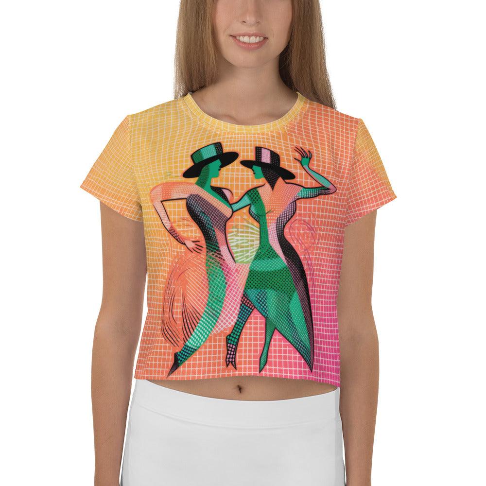 Graceful Dance Fashion crop tee with vibrant all-over print design.