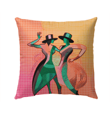 Graceful Dance Fashion Outdoor Pillow on a garden bench