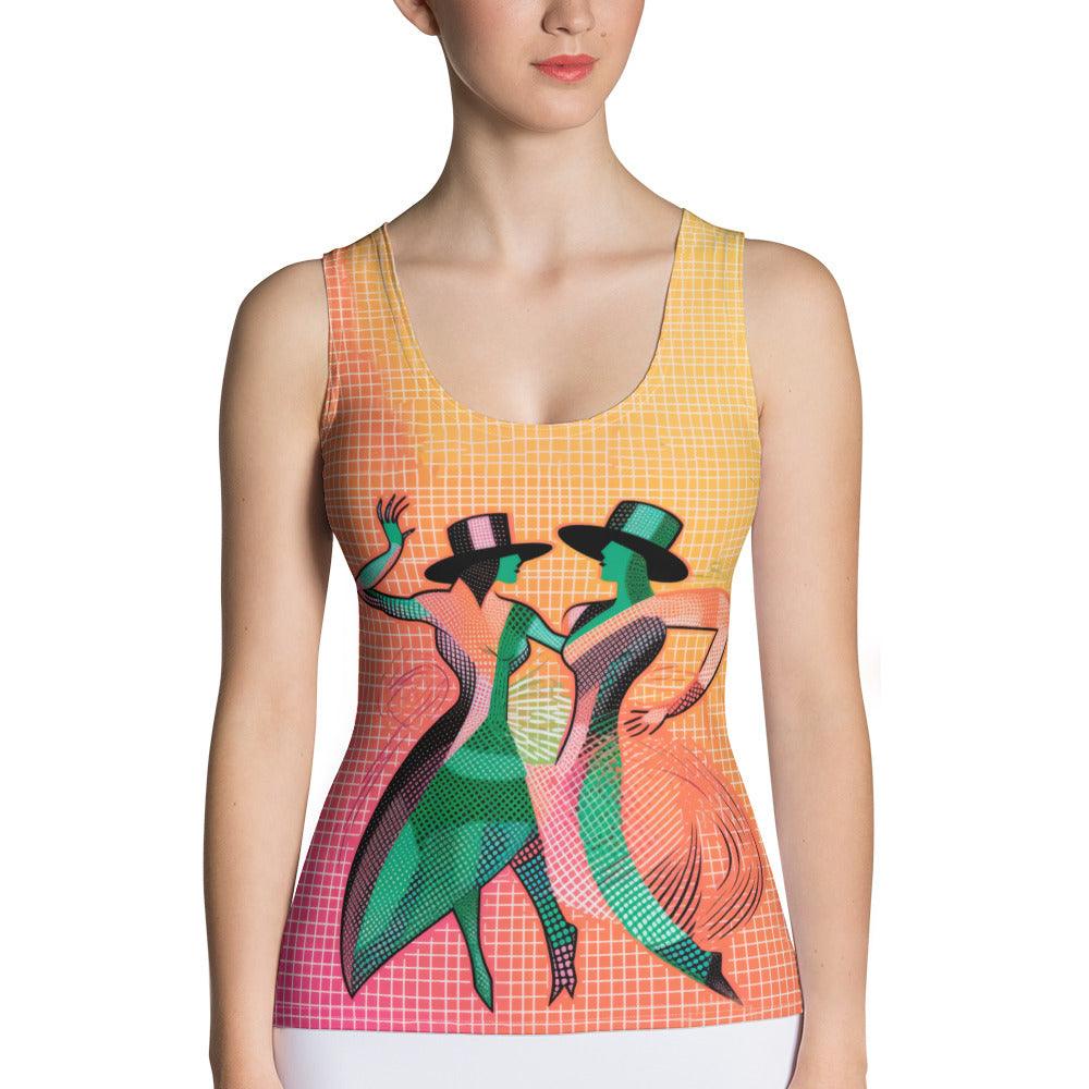 Elegant dancer wearing Graceful Dance Fashion sublimation tank top.