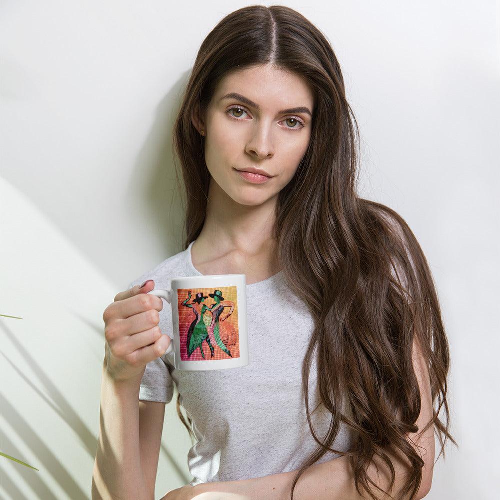 Graceful Dance Fashion Mug in Glossy White on Coffee Table.