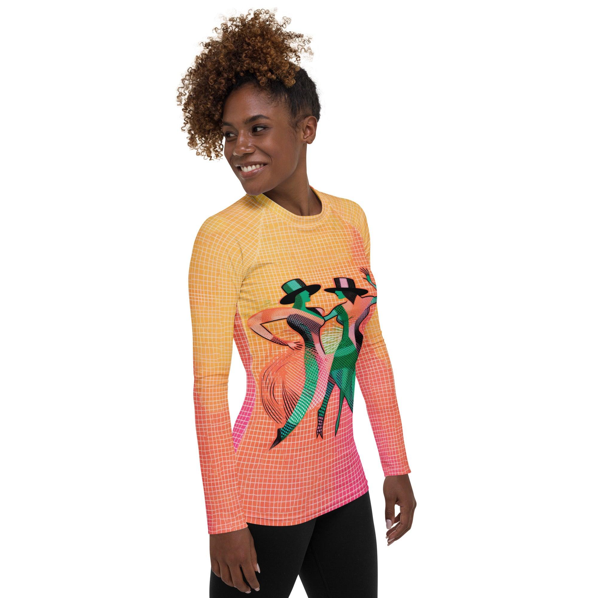 Stylish women's rash guard in Graceful Dance pattern, close-up detail.