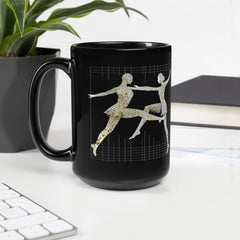 Feminine dance posture illustrated on black coffee mug.