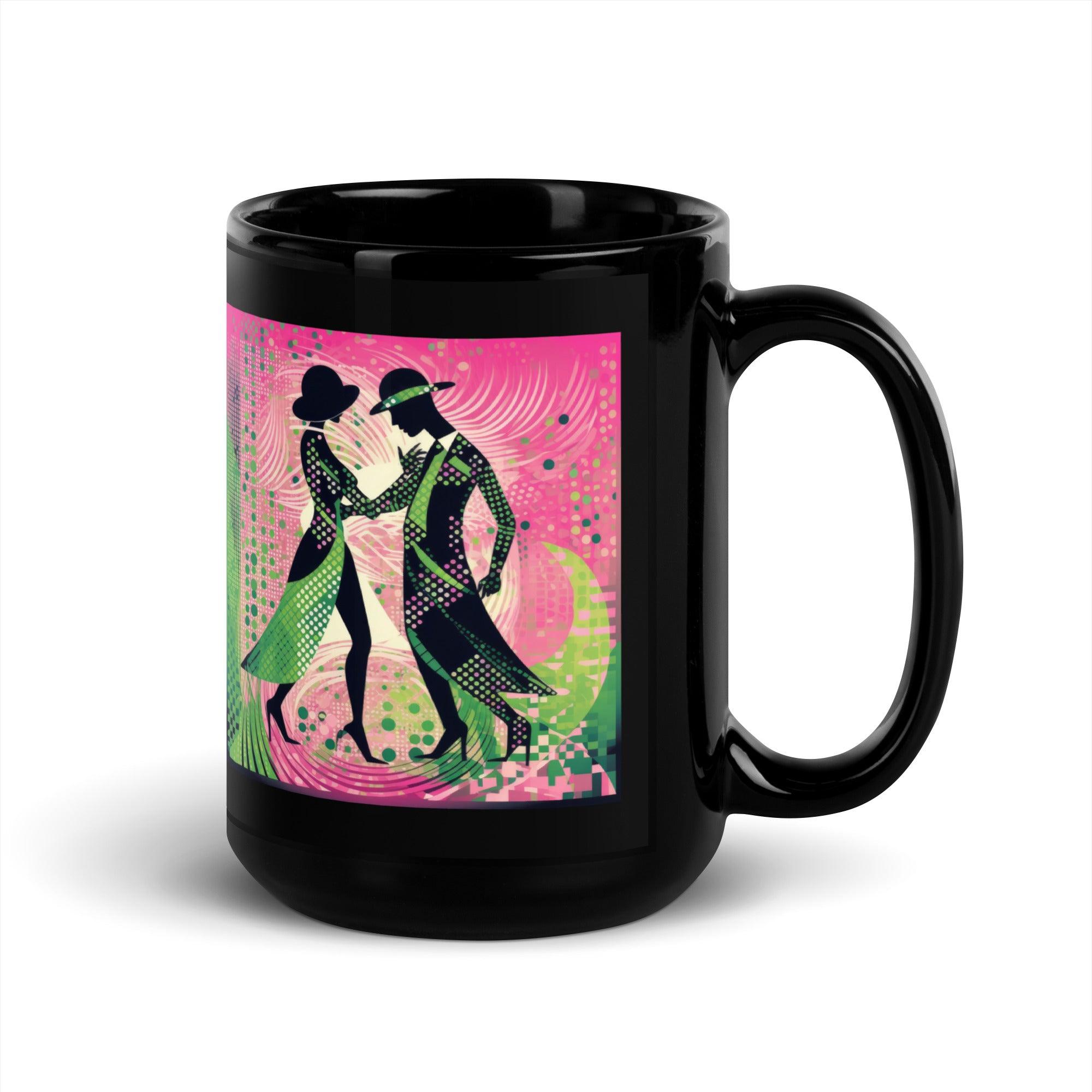 Black Glossy Mug with Dance Flair Design Displayed