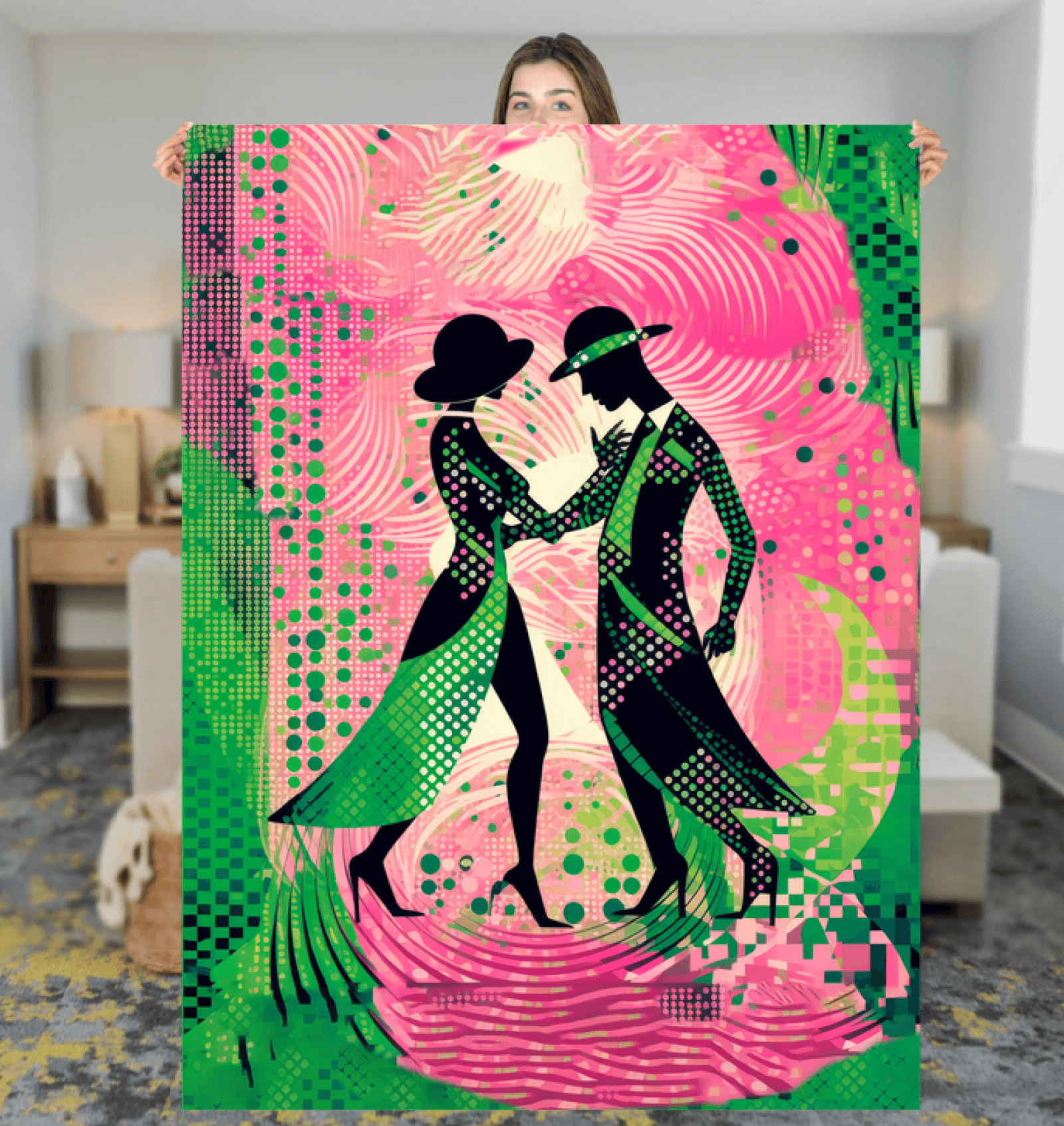 Elegant sherpa blanket with women's dance flair design for cozy home decor.