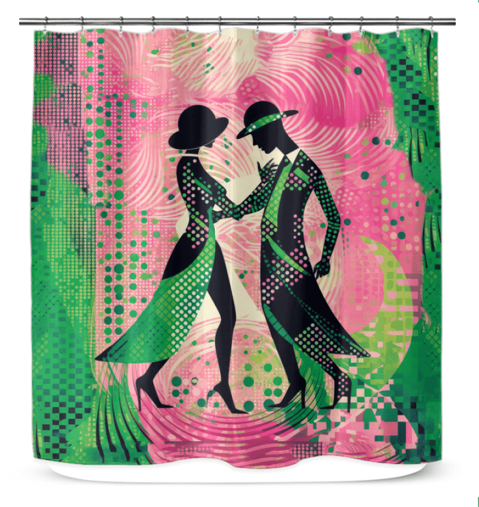 Elegant shower curtain featuring silhouette of a woman dancing with flair.