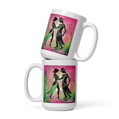 White glossy mug with graceful dance motif for women.