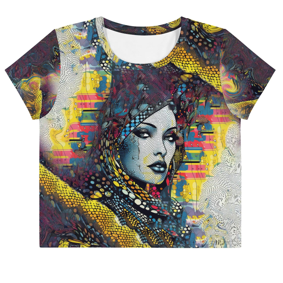 Graphic Genius crop tee with colorful all-over print design.