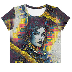 Graphic Genius crop tee with colorful all-over print design.