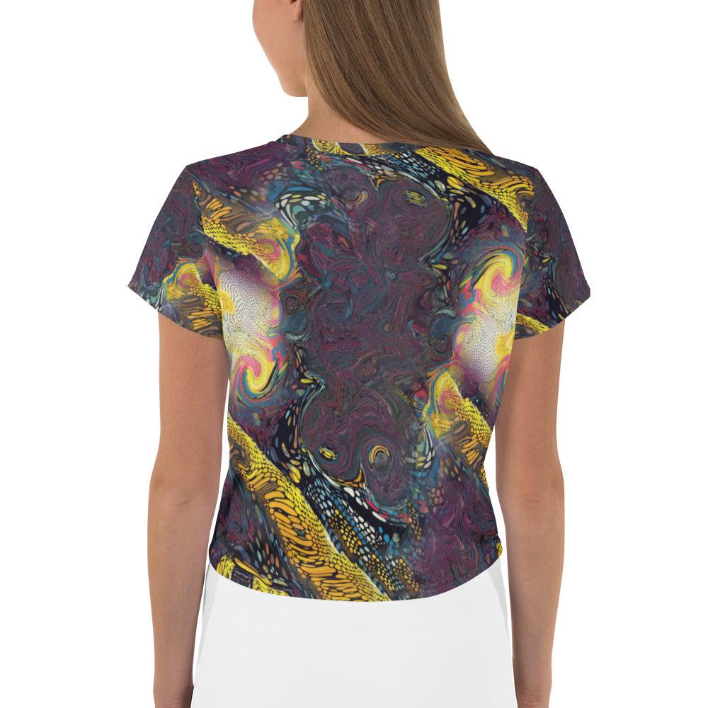 Vibrant Graphic Genius all-over print crop tee for a trendy look.