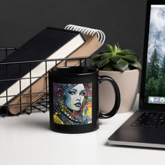 Graphic Genius black glossy coffee mug on a wooden table.