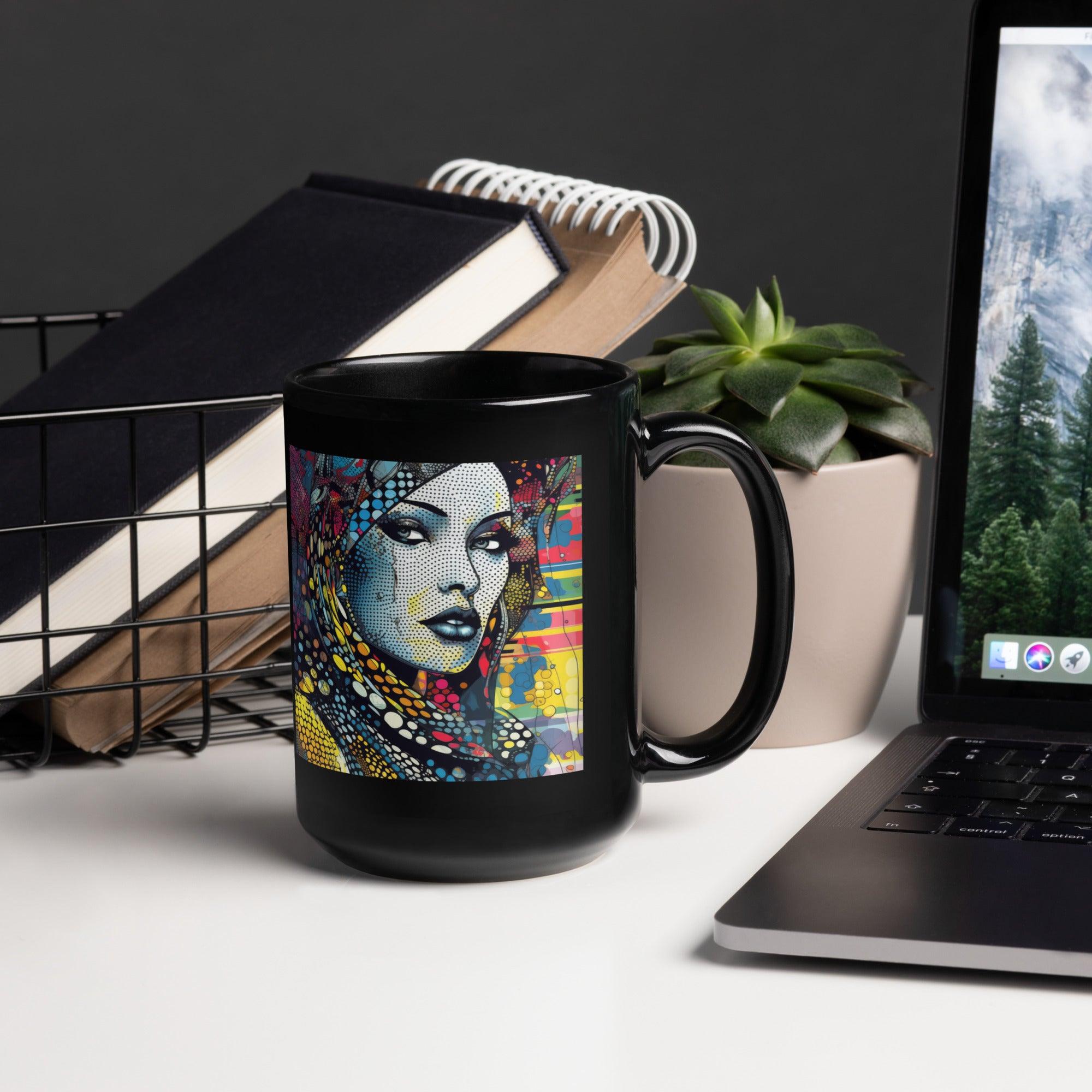 Close-up of Graphic Genius black glossy mug with stylish design.