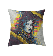 Graphic Genius indoor pillow on a cozy living room sofa.