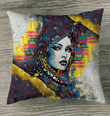 Graphic Genius pillow in a modern bedroom setting.