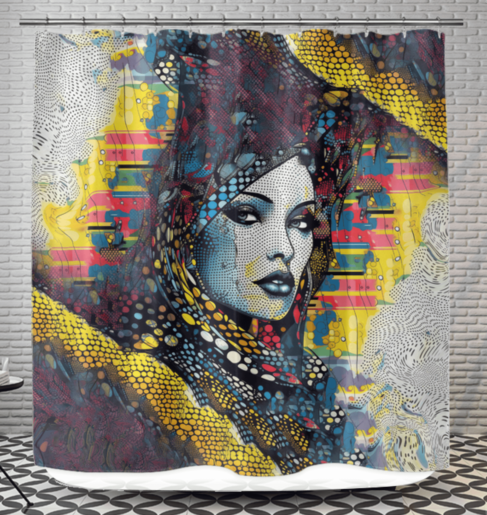 Graphic Genius Shower Curtain displaying vibrant abstract design.