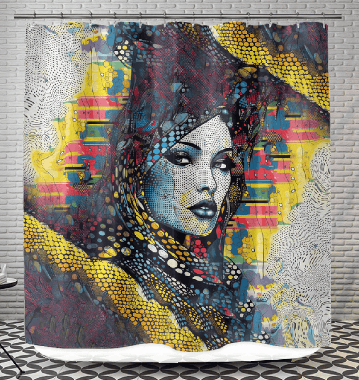 Graphic Genius Shower Curtain displaying vibrant abstract design.