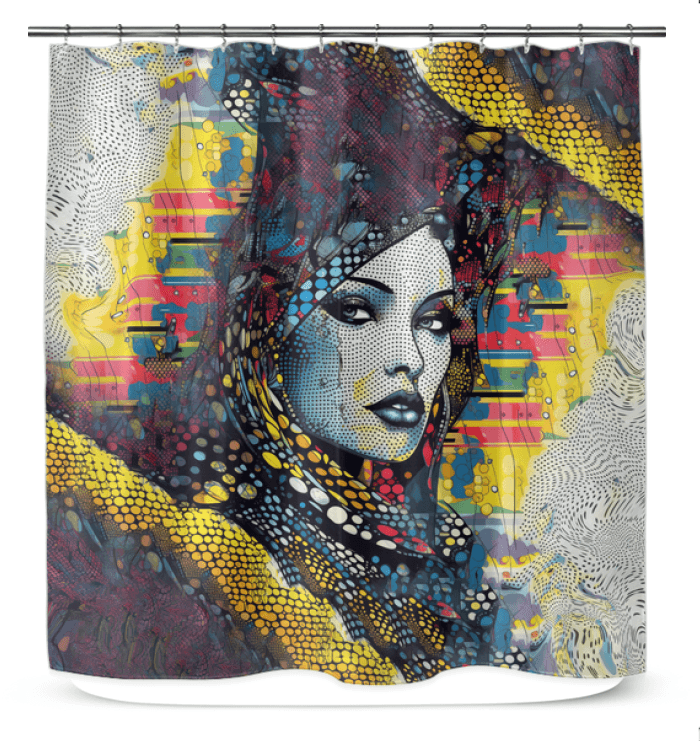 Close-up of the water-resistant fabric of the Graphic Genius Shower Curtain.