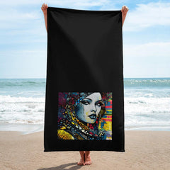 Graphic Genius Towel with abstract colorful patterns on white background.