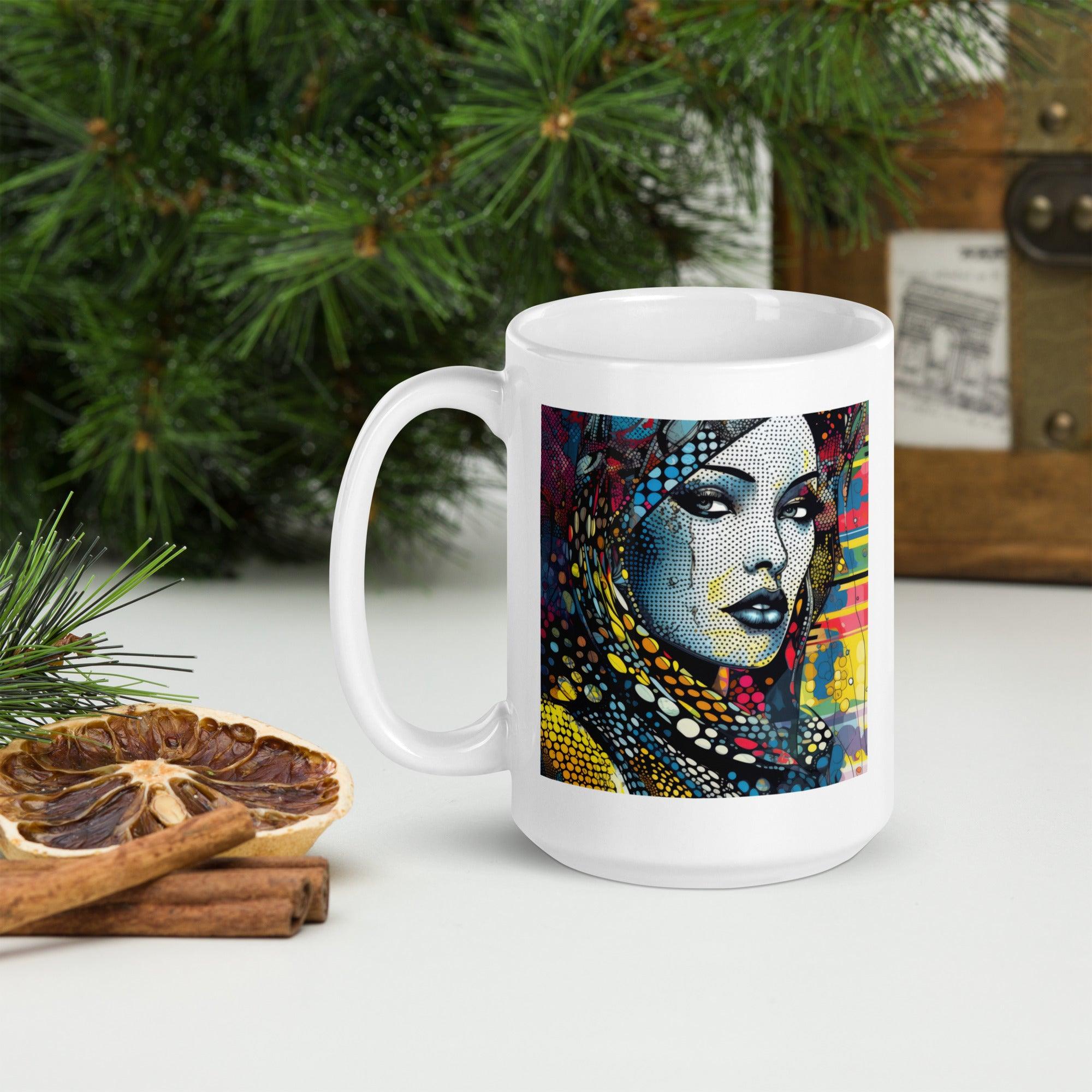 Artistic white glossy coffee mug by Graphic Genius.