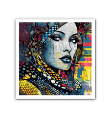 Vibrant colors Graphic Genius canvas art in modern living room setting.