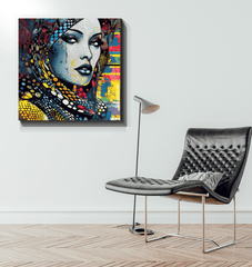 Graphic Genius wrapped canvas making a statement in a stylish bedroom.
