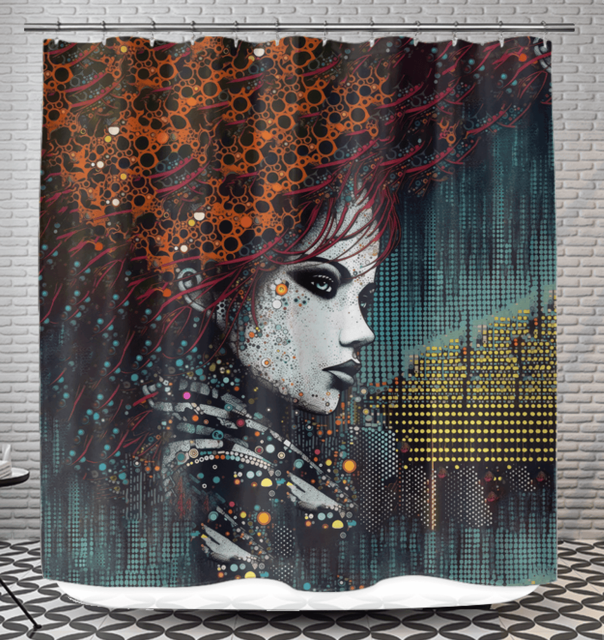 Vibrant Graphic Glory Shower Curtain adding color to bathroom decor.