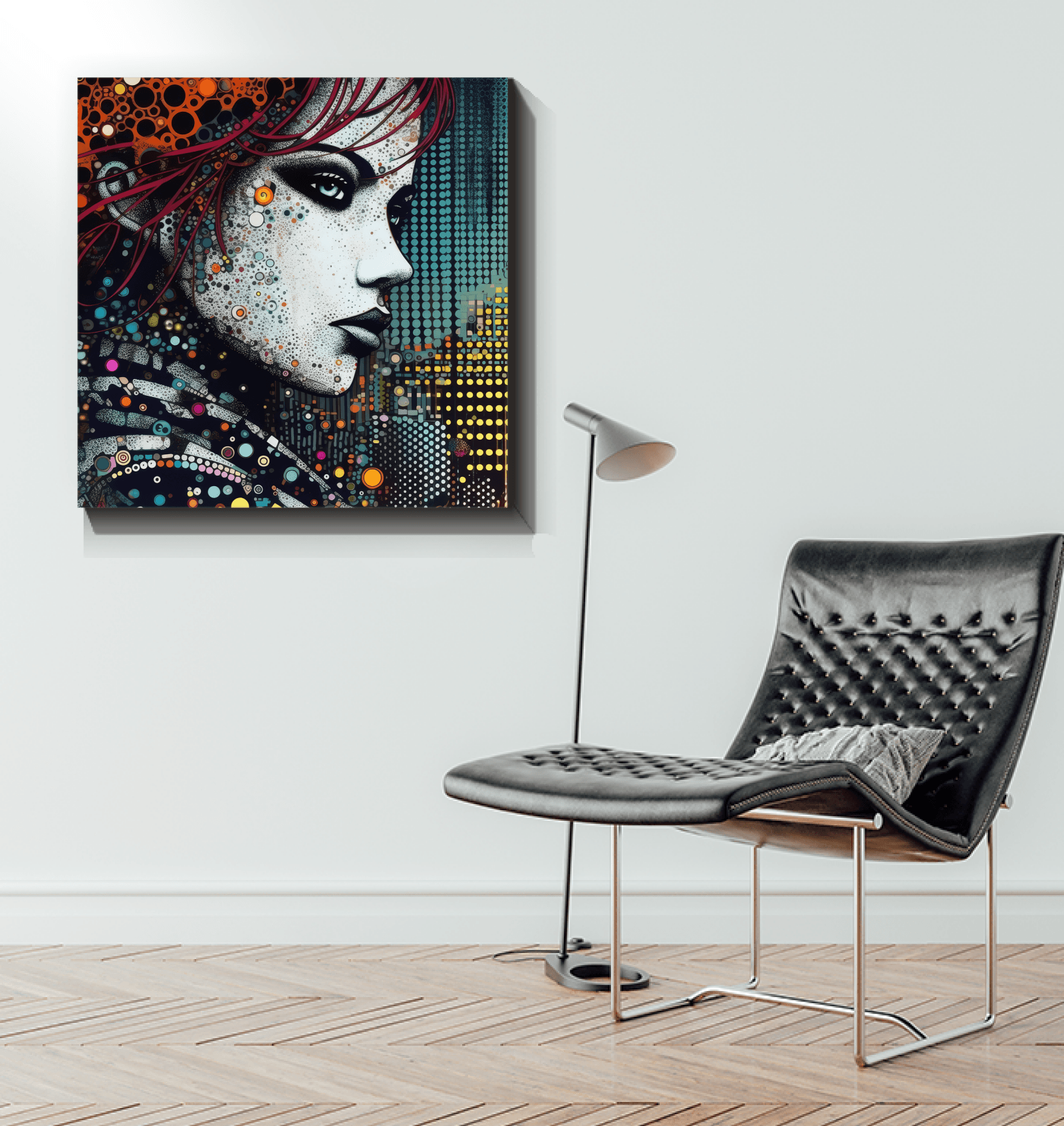 Graphic Glory Wrapped Canvas paired with minimalist furniture.