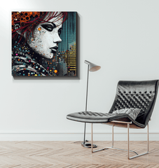 Graphic Glory Wrapped Canvas paired with minimalist furniture.