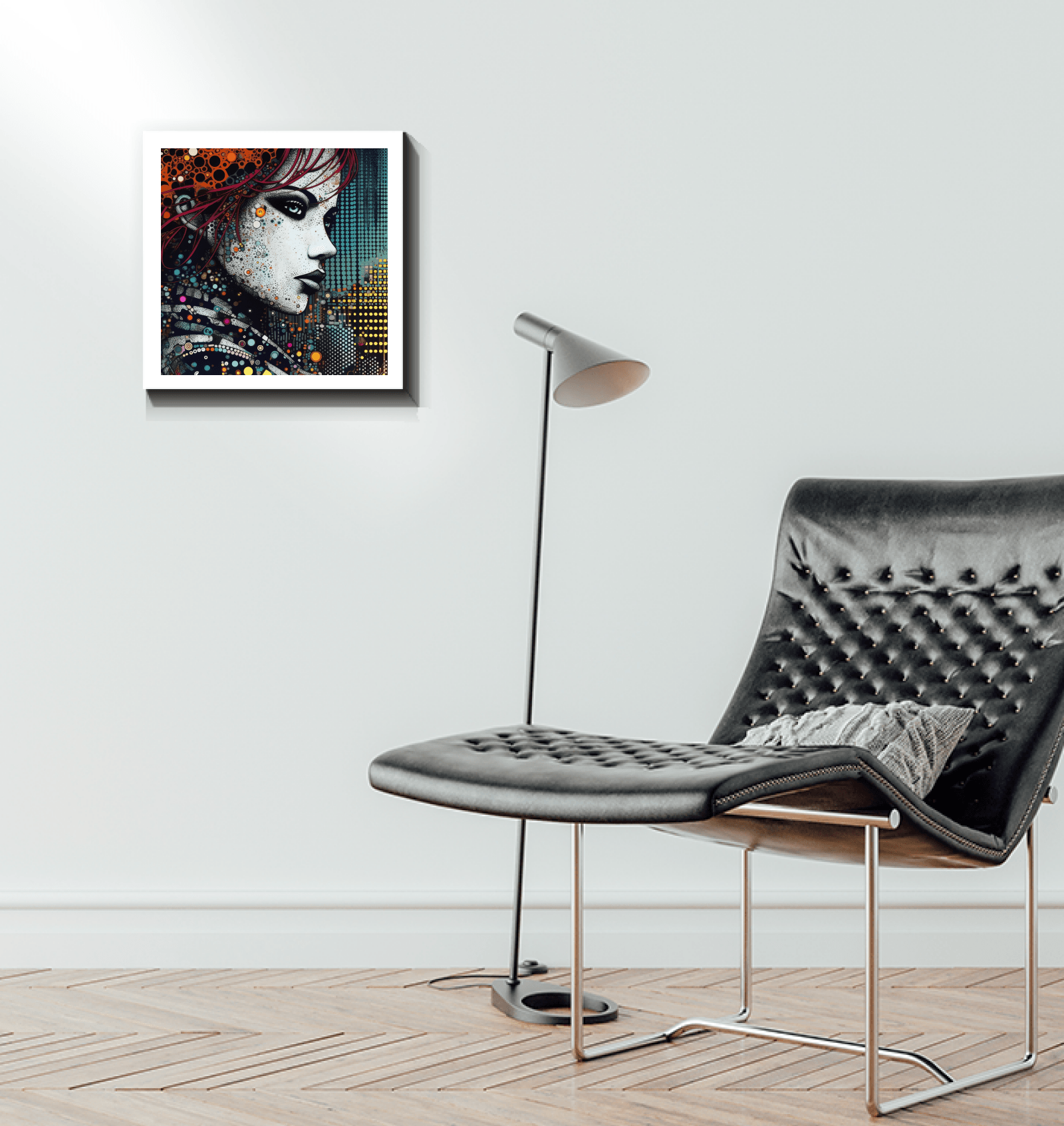Graphic Glory Wrapped Canvas as a focal point in bedroom decor.