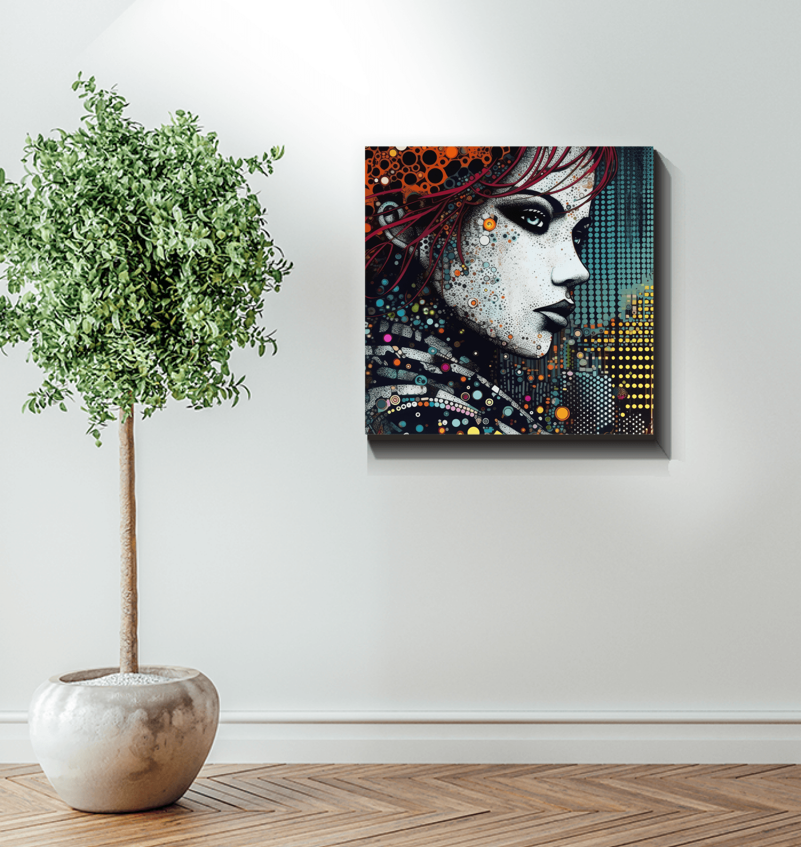 Abstract art Graphic Glory Wrapped Canvas in an office setting.