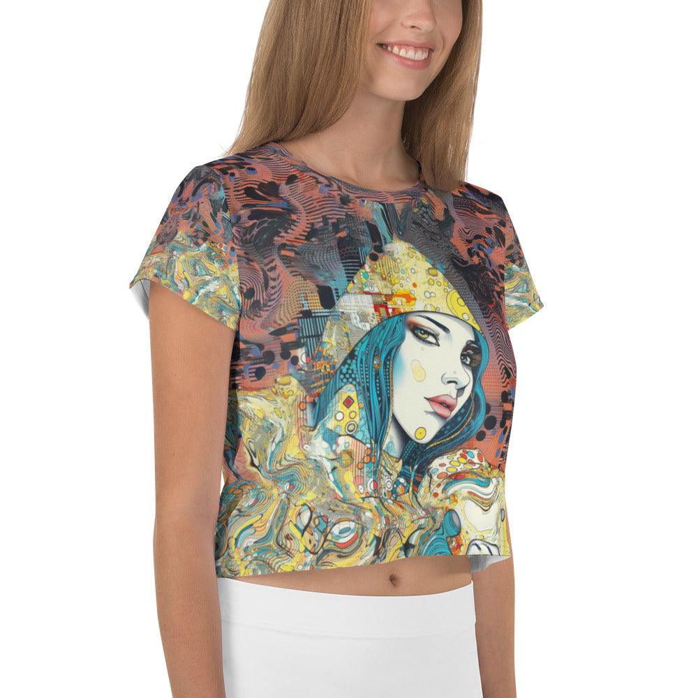 Graphic Greatness II crop tee featuring artistic all-over pattern.